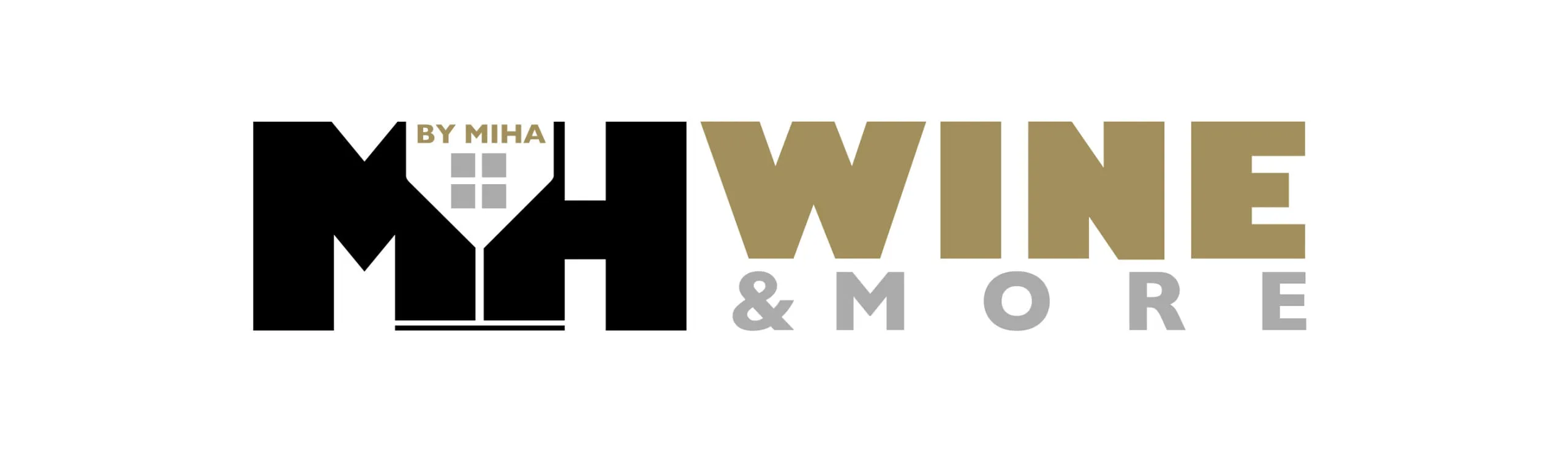 Logo von MYH WINE & MORE, stilisierte Schriftzüge in Schwarz, Gold und Silber.